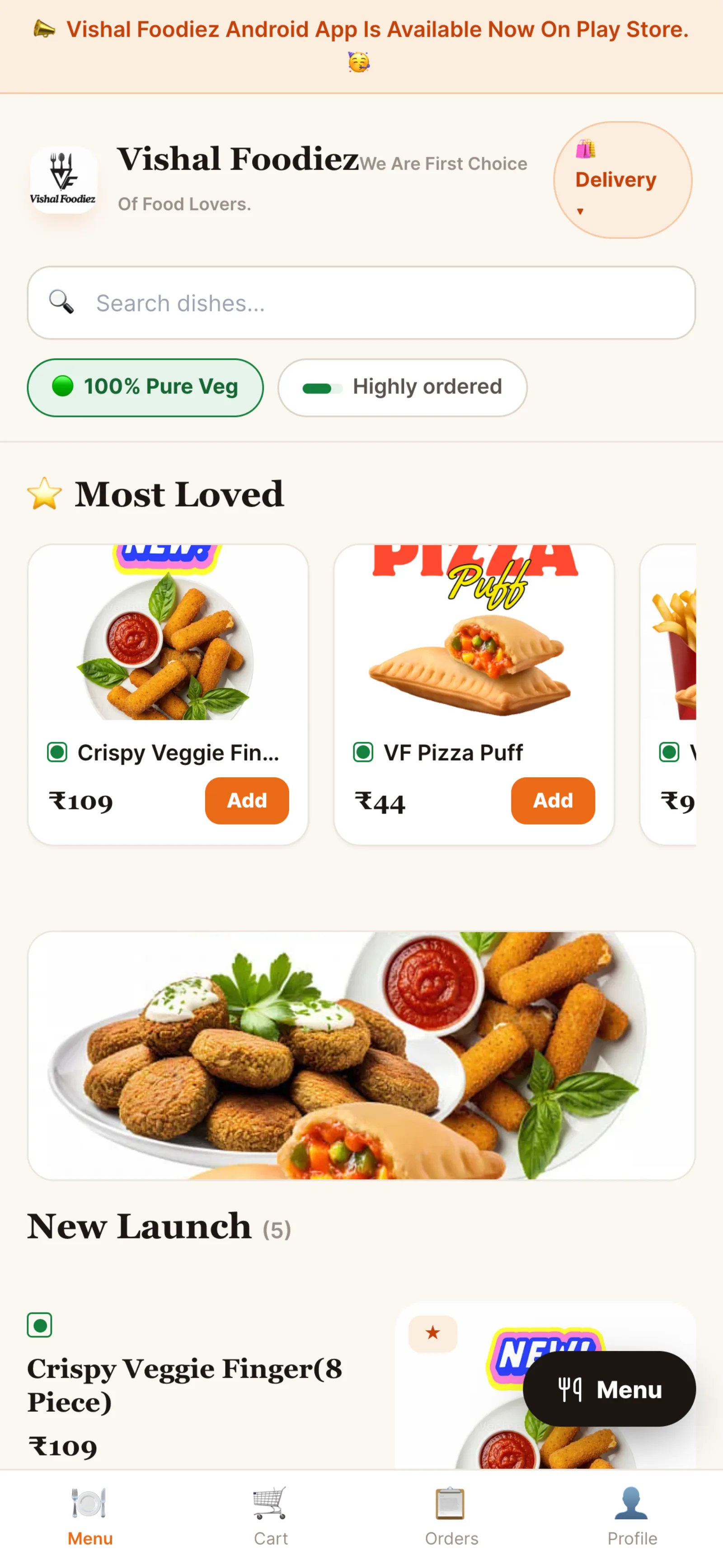 The diner app — browsing the menu