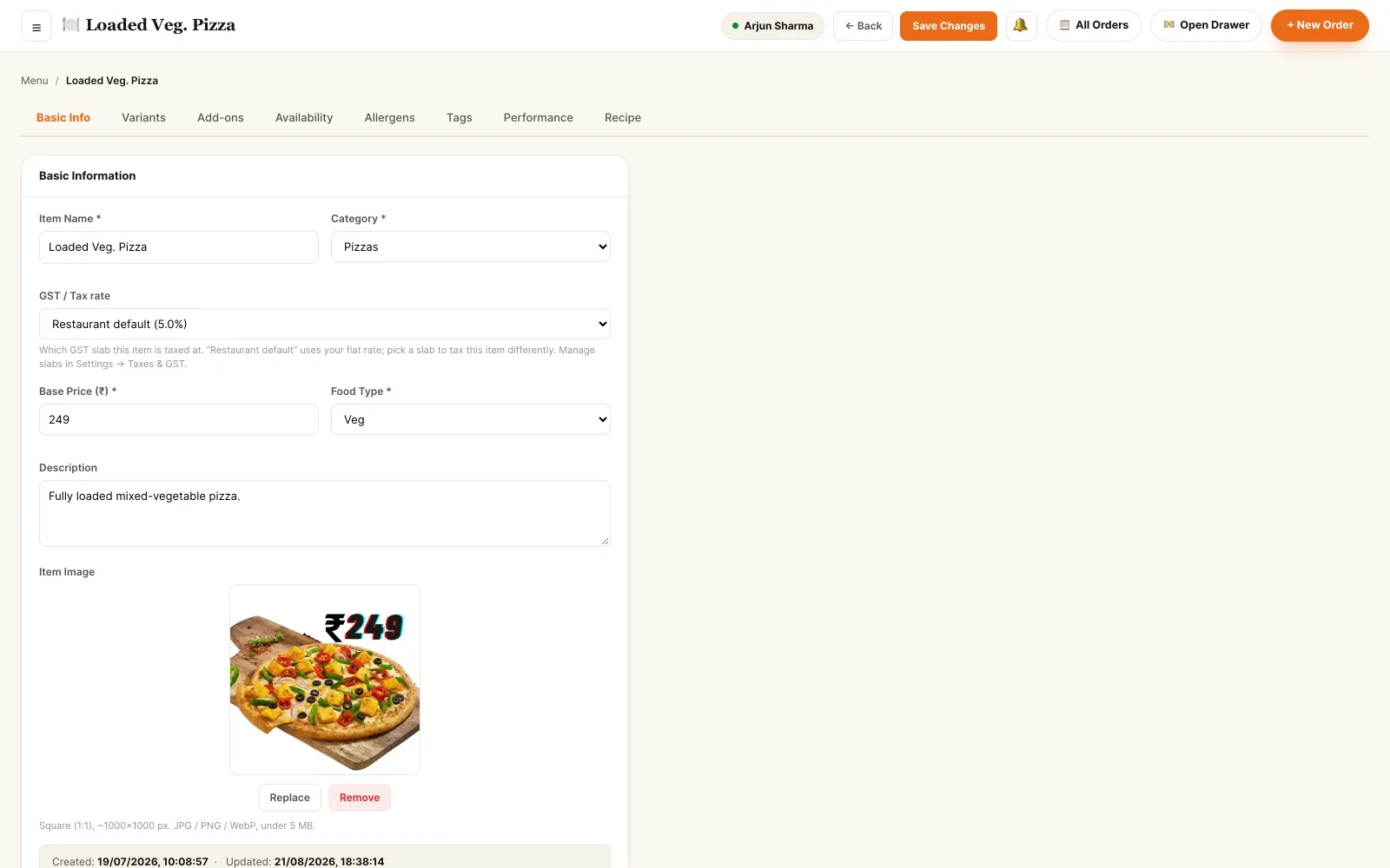 A menu item — price, food type, add-ons