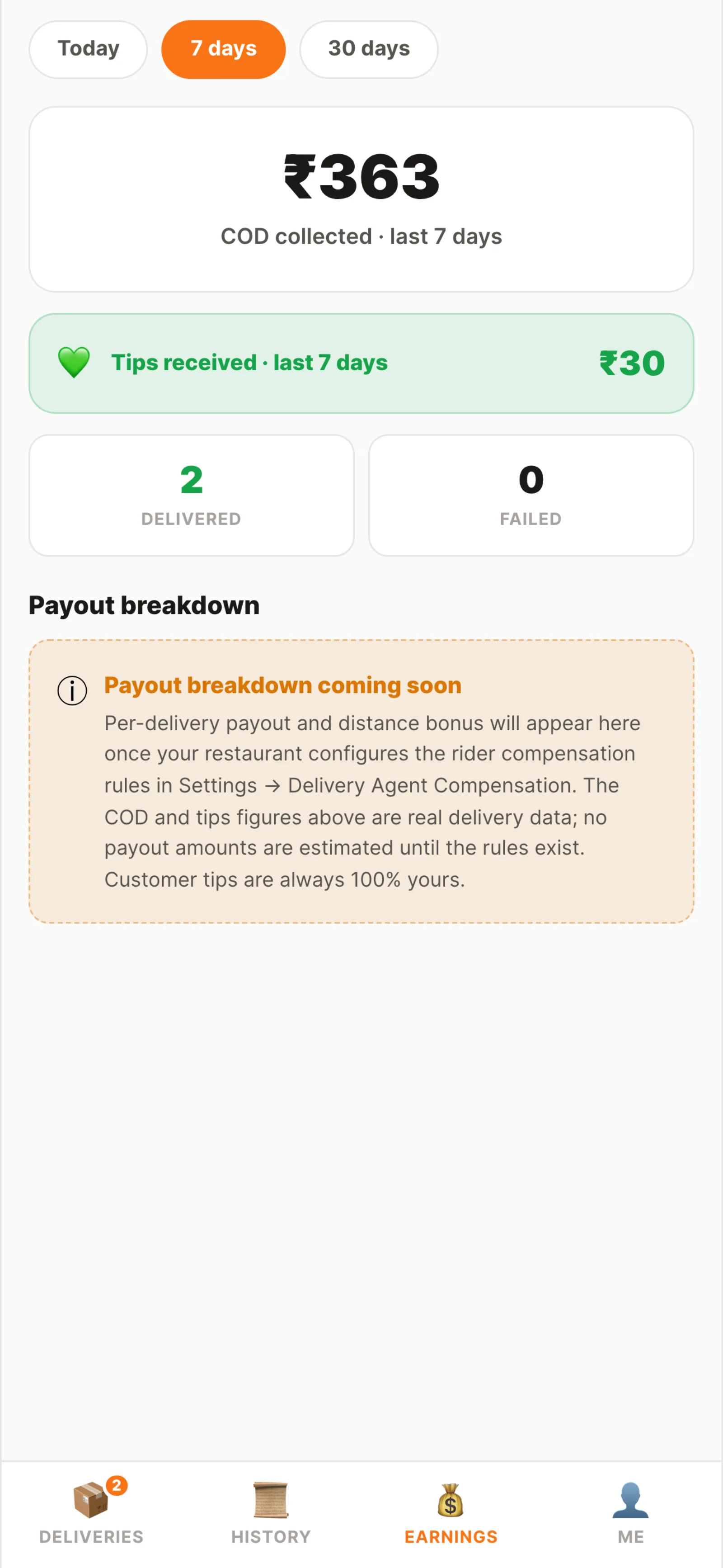 Rider app — COD collected and tips