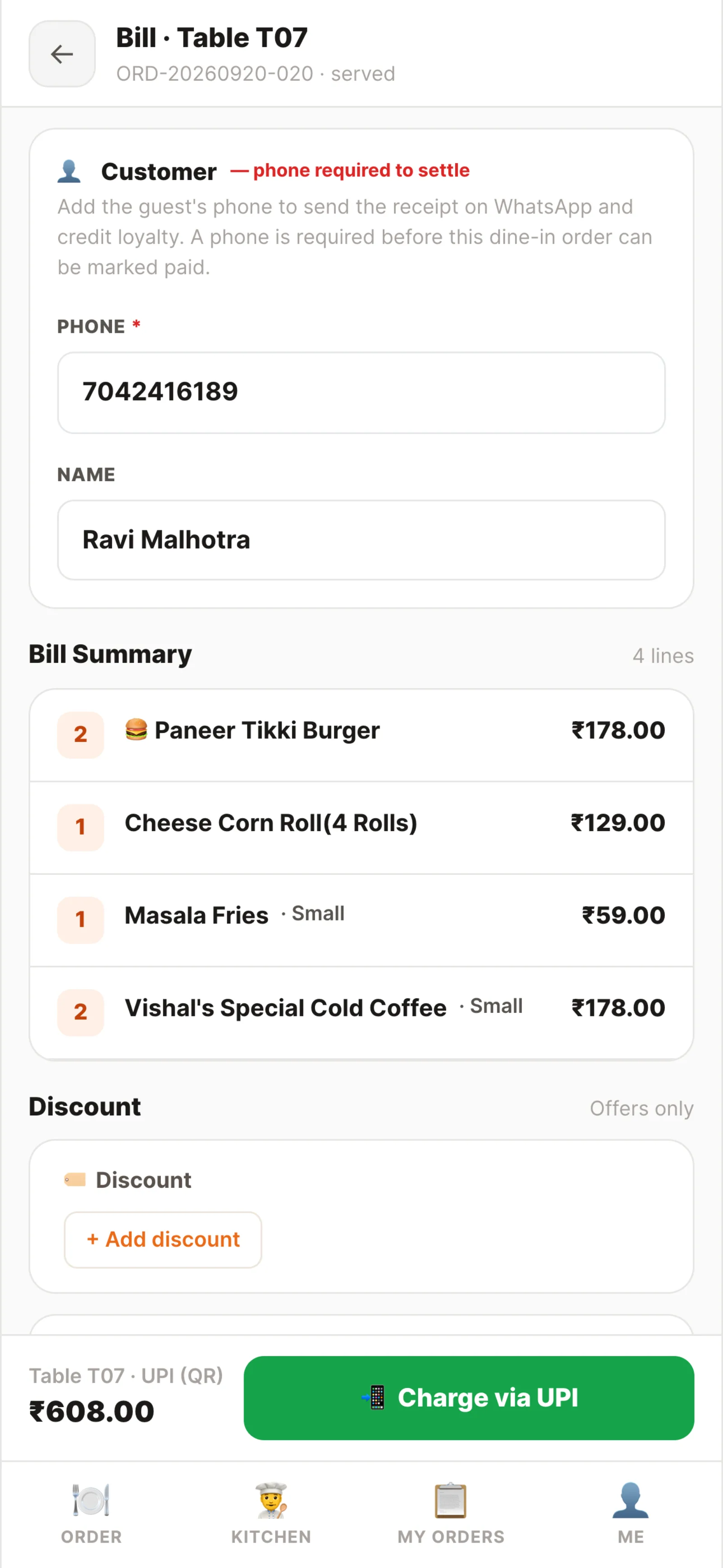 Waiter app — settling a table
