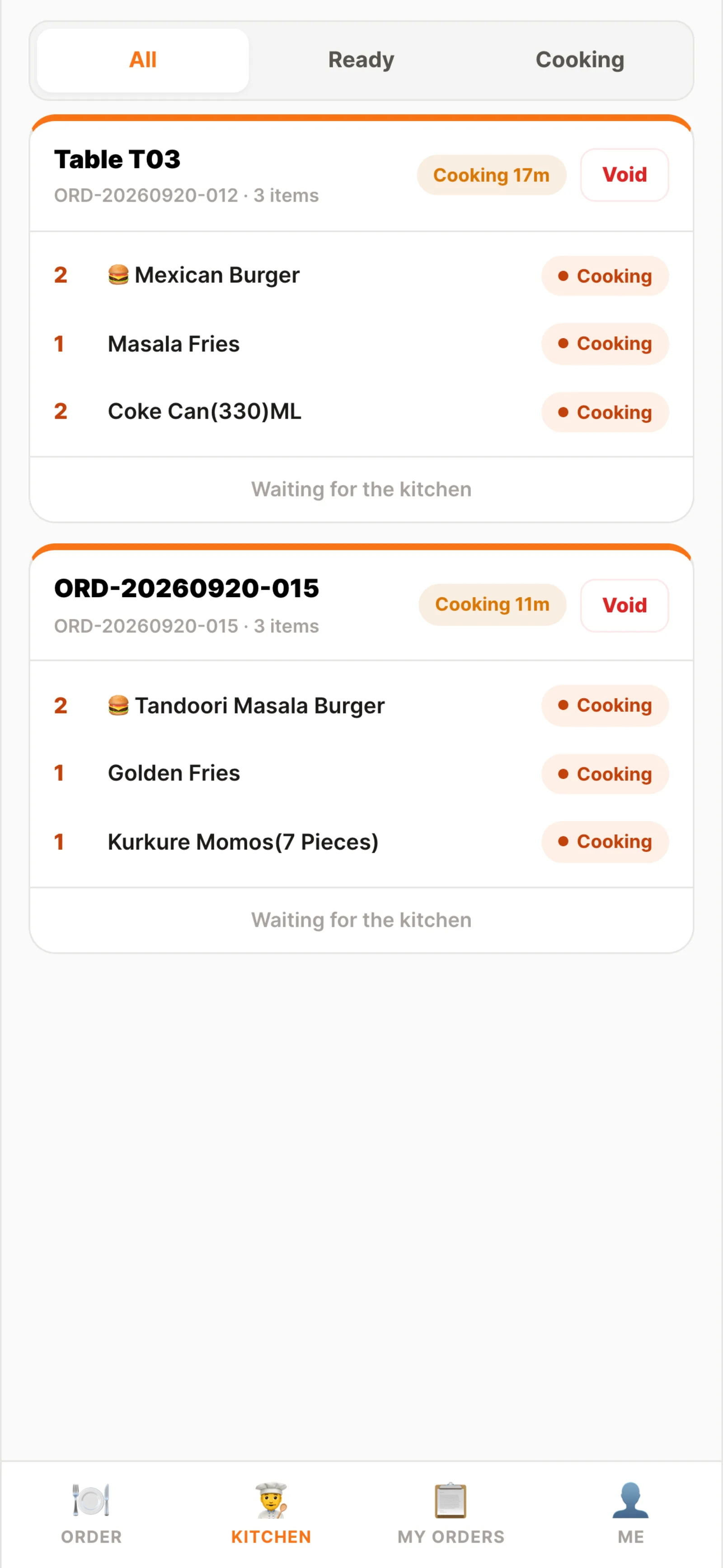 Waiter app — kitchen status