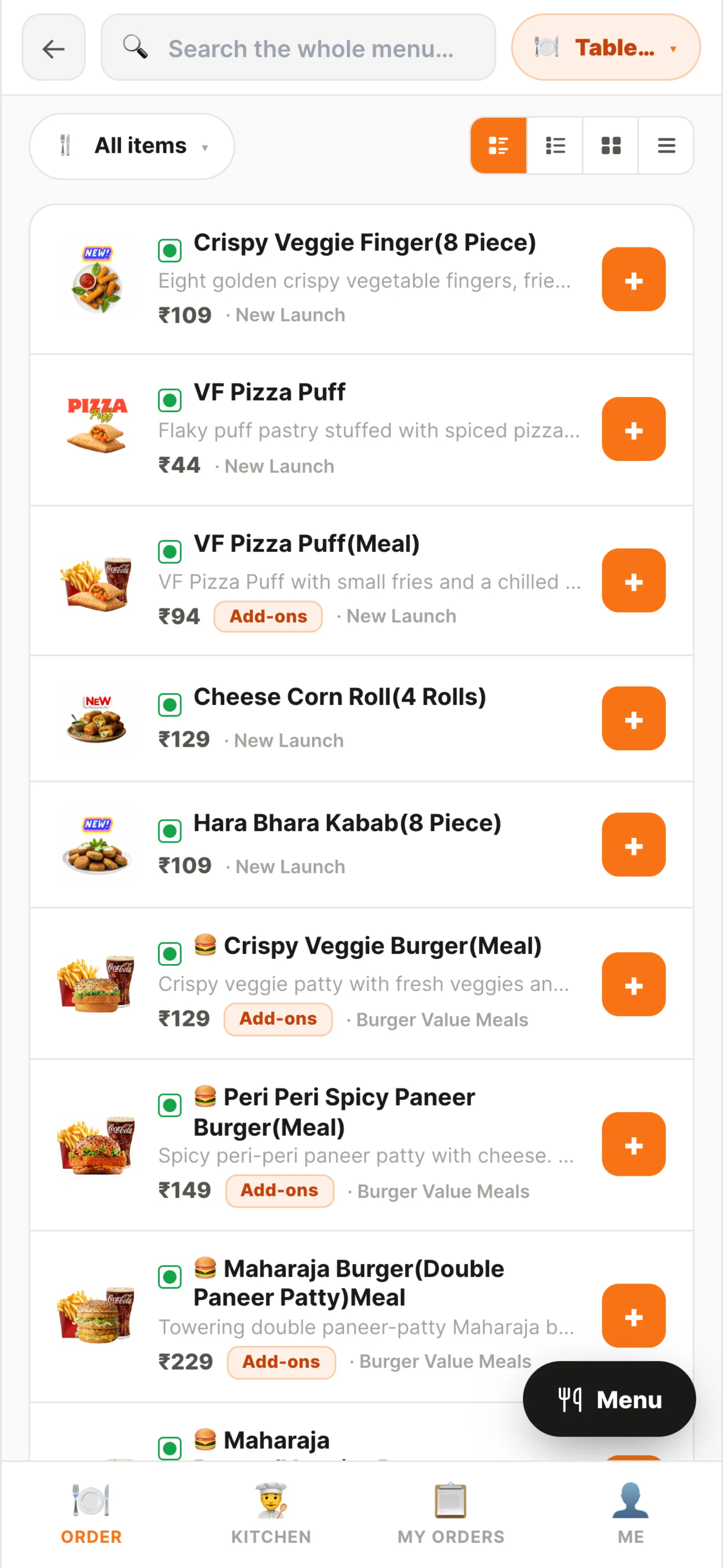 Waiter app — starting an order