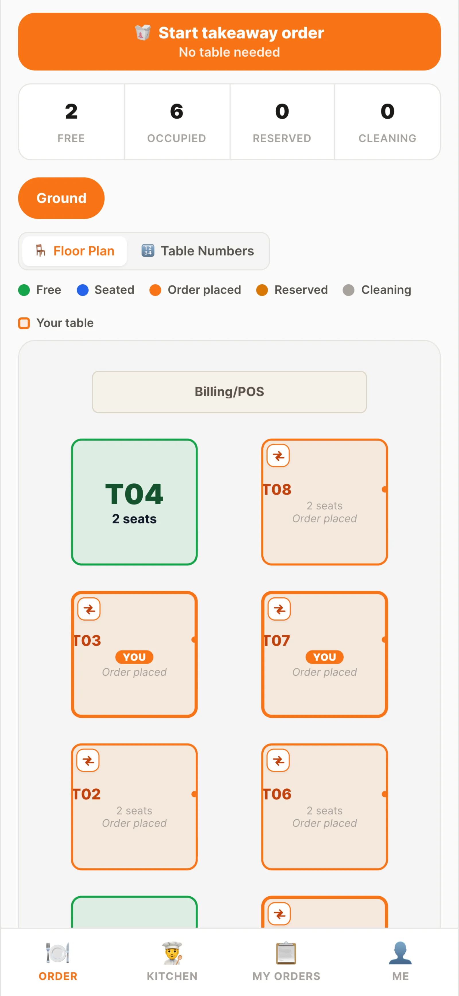 Waiter app — the floor plan on a phone