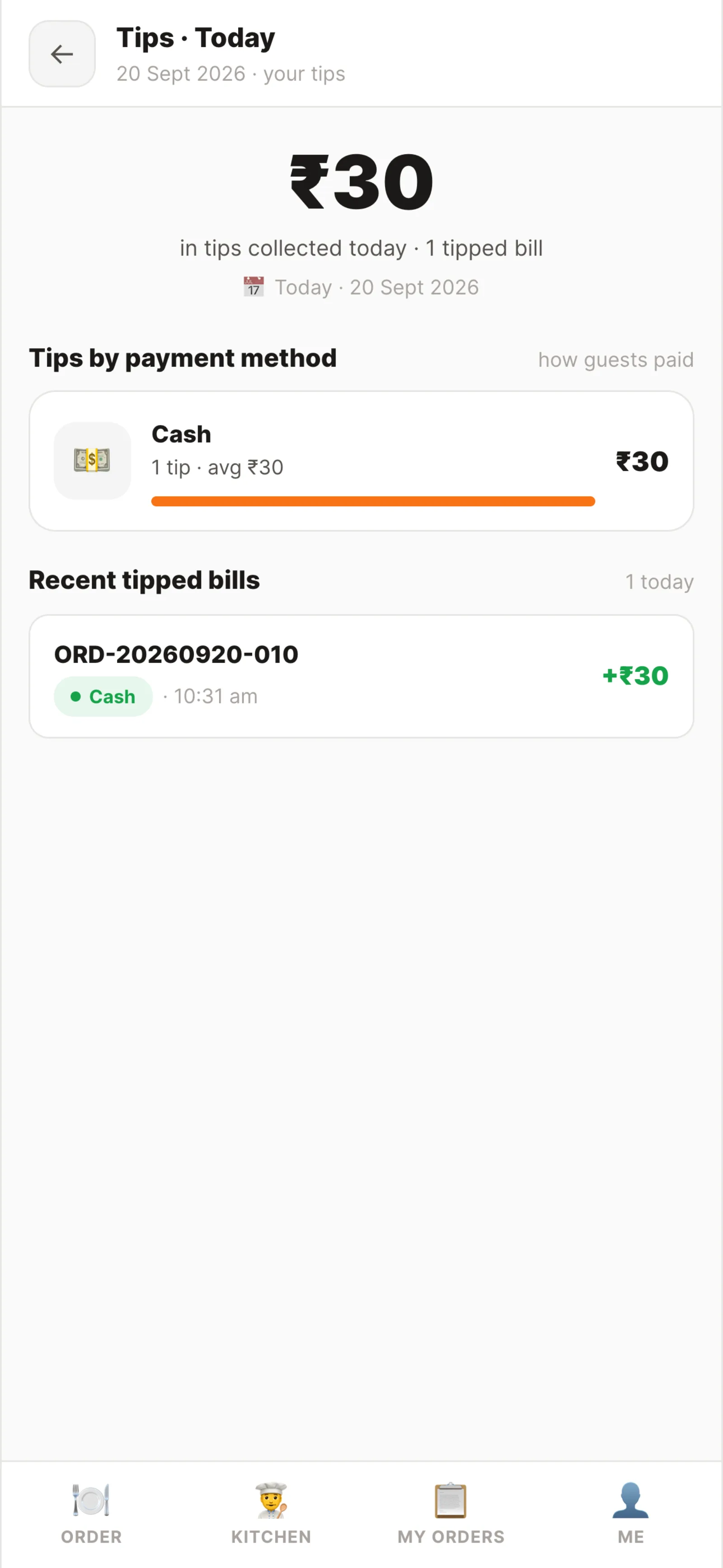 Waiter app — tips for the day
