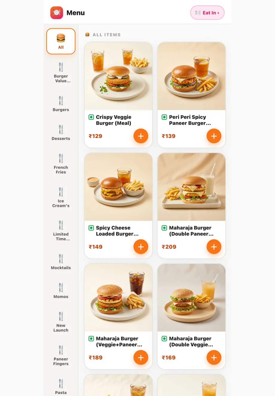 TadkaTech self-order kiosk showing a photo menu of burgers, meals and drinks with prices and an add button per item