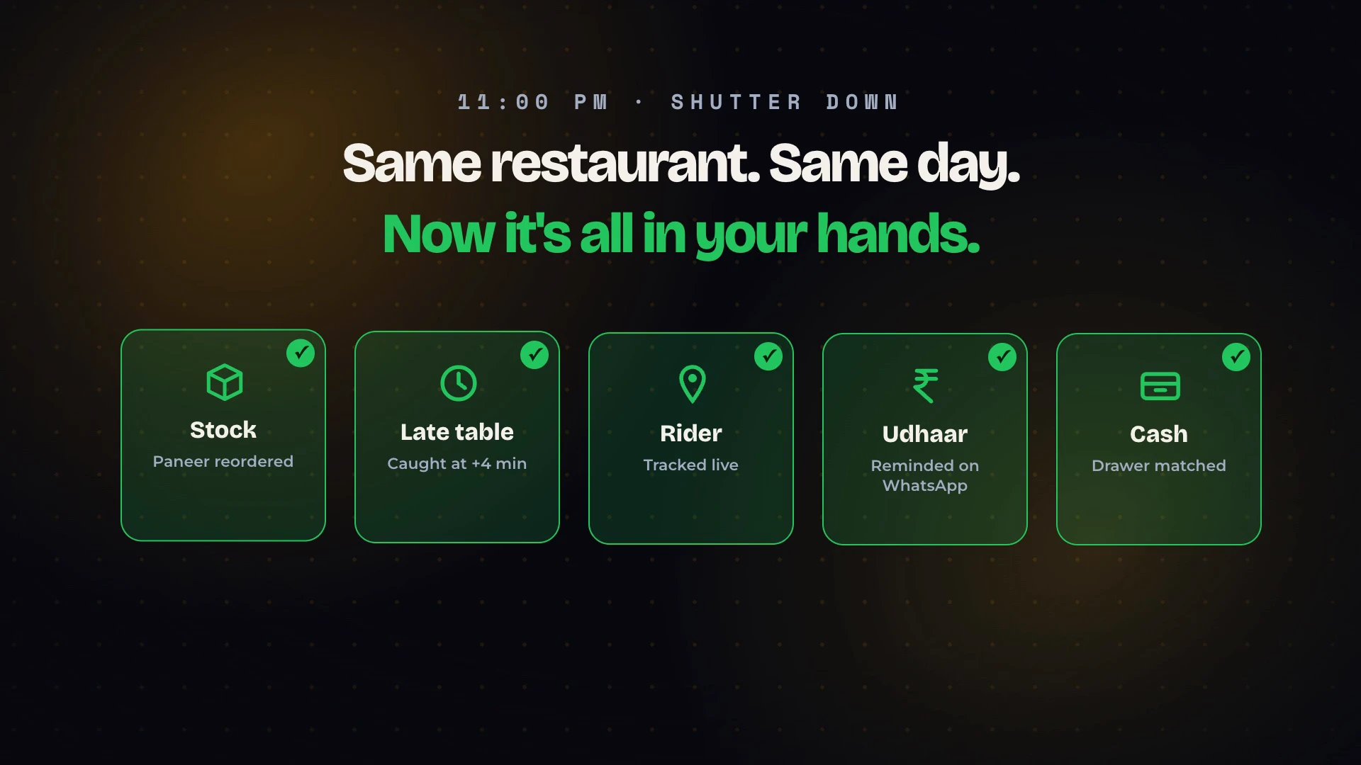End of the film: 'Same restaurant. Same day. Now it's all in your hands.' with all five problems ticked green