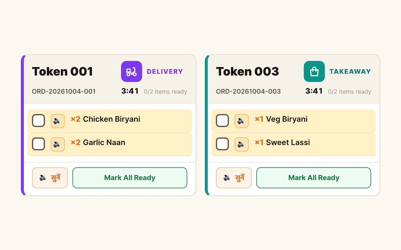 Kitchen display tickets with big order-type chips for delivery and takeaway