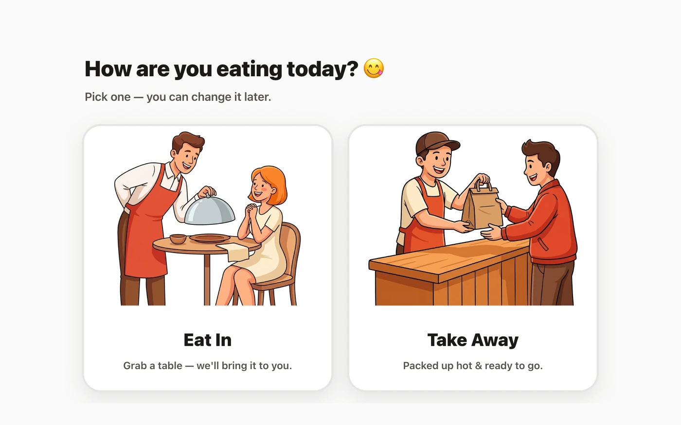 Kiosk screen: 'How are you eating today?' with Eat In and Take Away