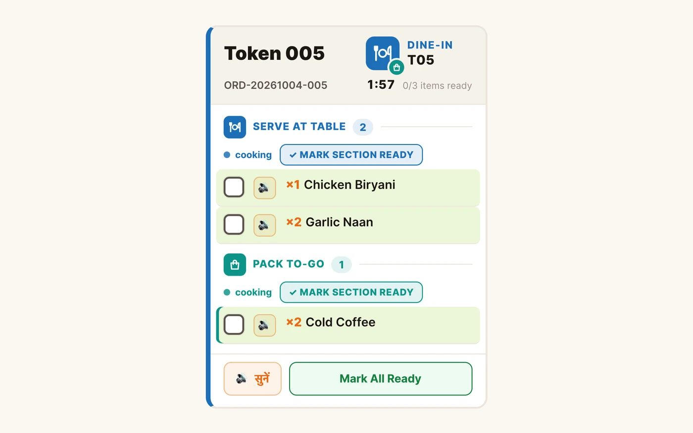A dine-in kitchen ticket split into Serve at table and Pack to-go