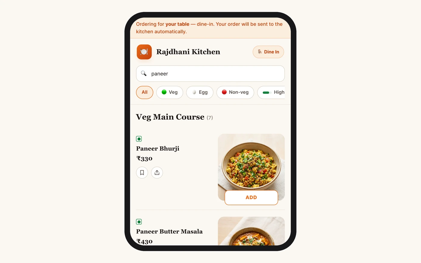Table-QR menu on a phone: ordering for your table, dine-in