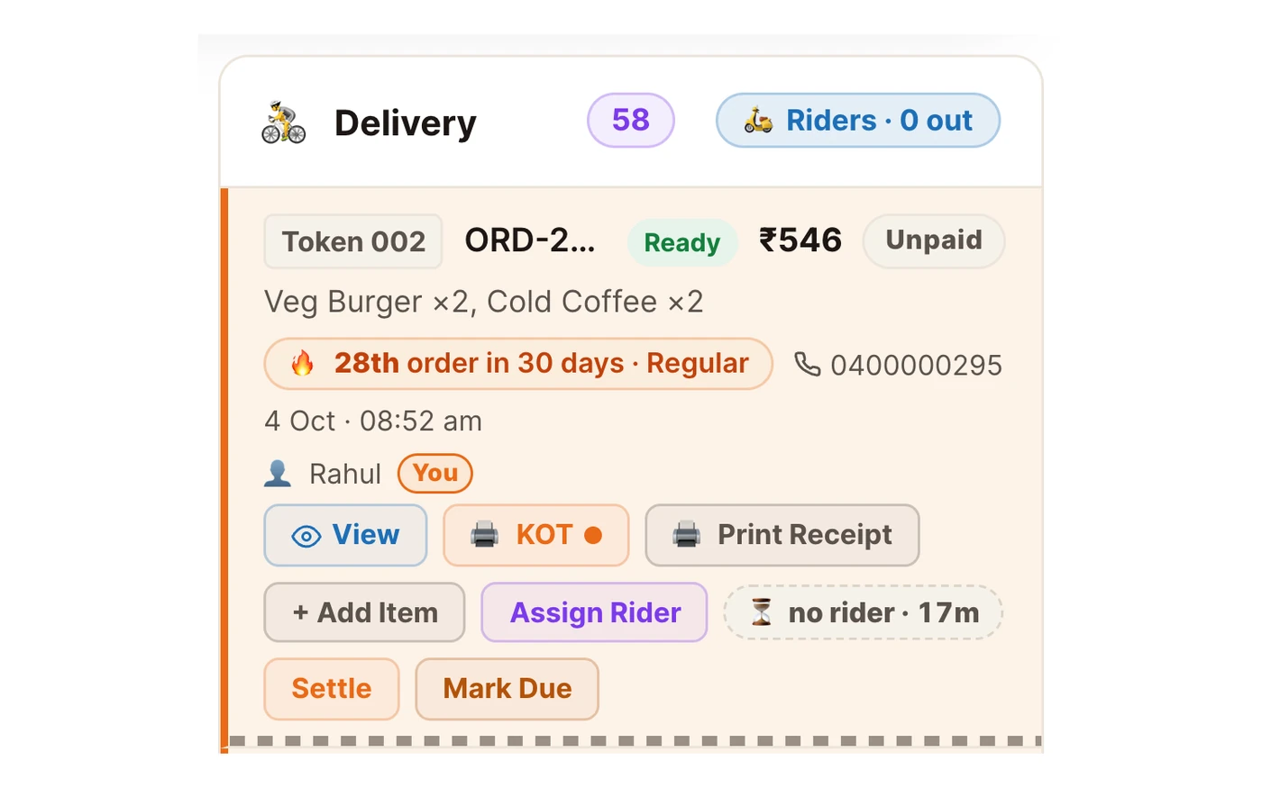 Delivery lane: a ready order with Assign Rider and a no-rider chip