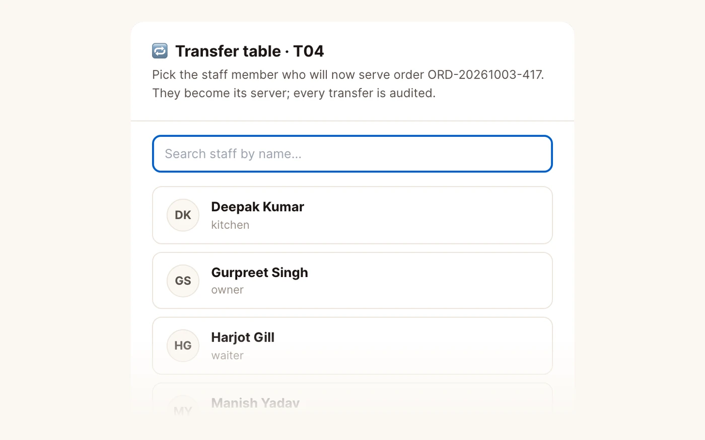 Transfer table: pick the staff member who will now serve the order