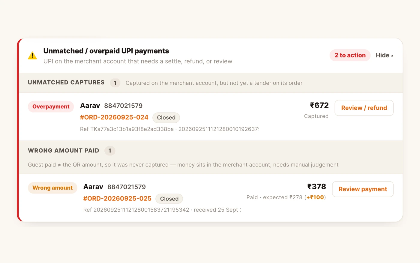 Unmatched and overpaid UPI payments waiting on Bills