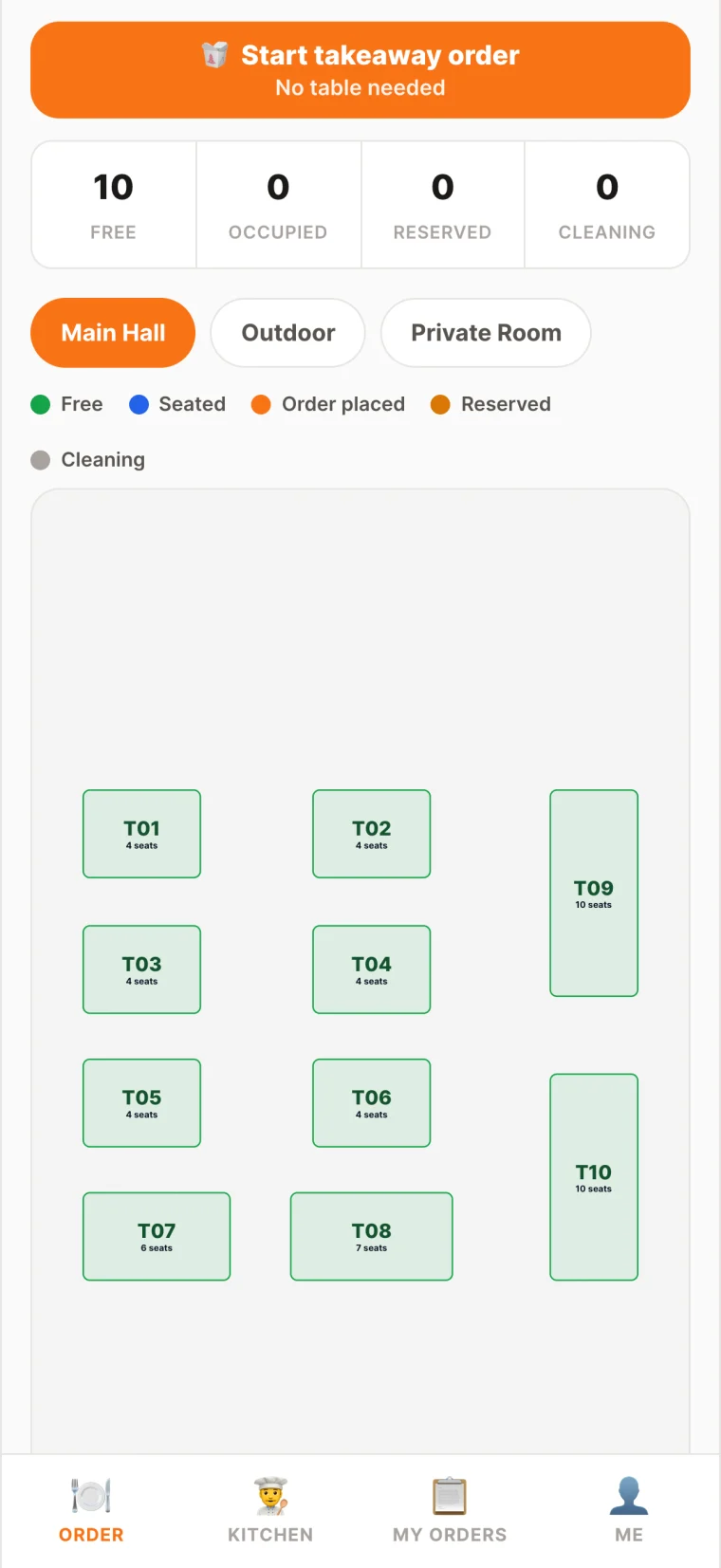 TadkaTech waiter app showing the live restaurant floor plan with tables, seat counts and free / occupied / reserved status